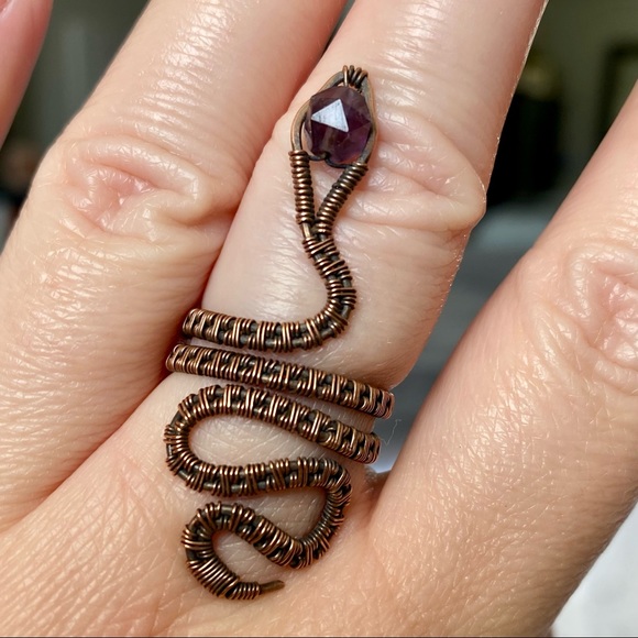 Handcrafted Copper + Amethyst Serpent / Snake Ring - Sz 7 - Picture 5 of 5